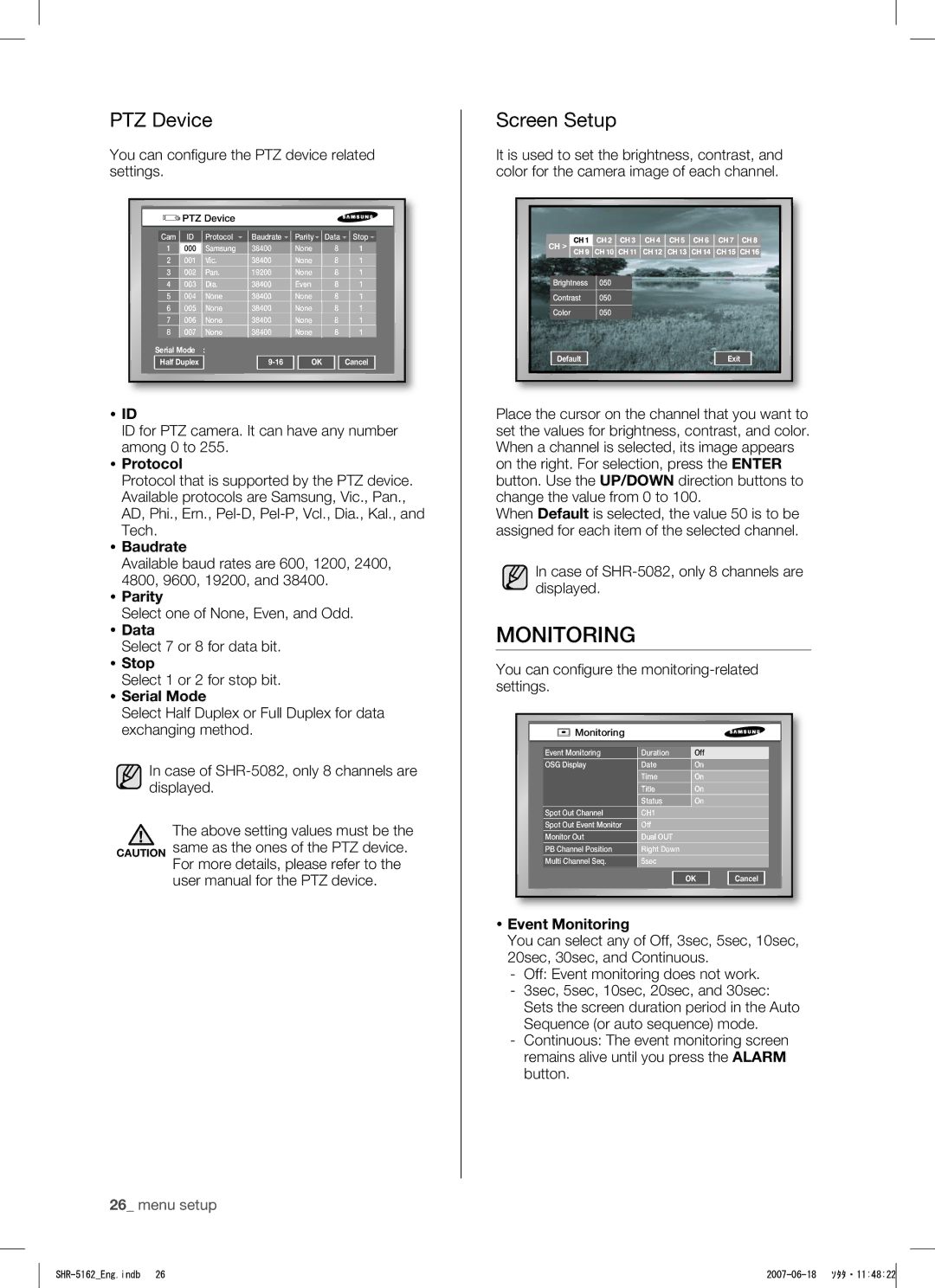 Samsung SHR-5162, SHR-5082 user manual Monitoring, PTZ Device, Screen Setup 