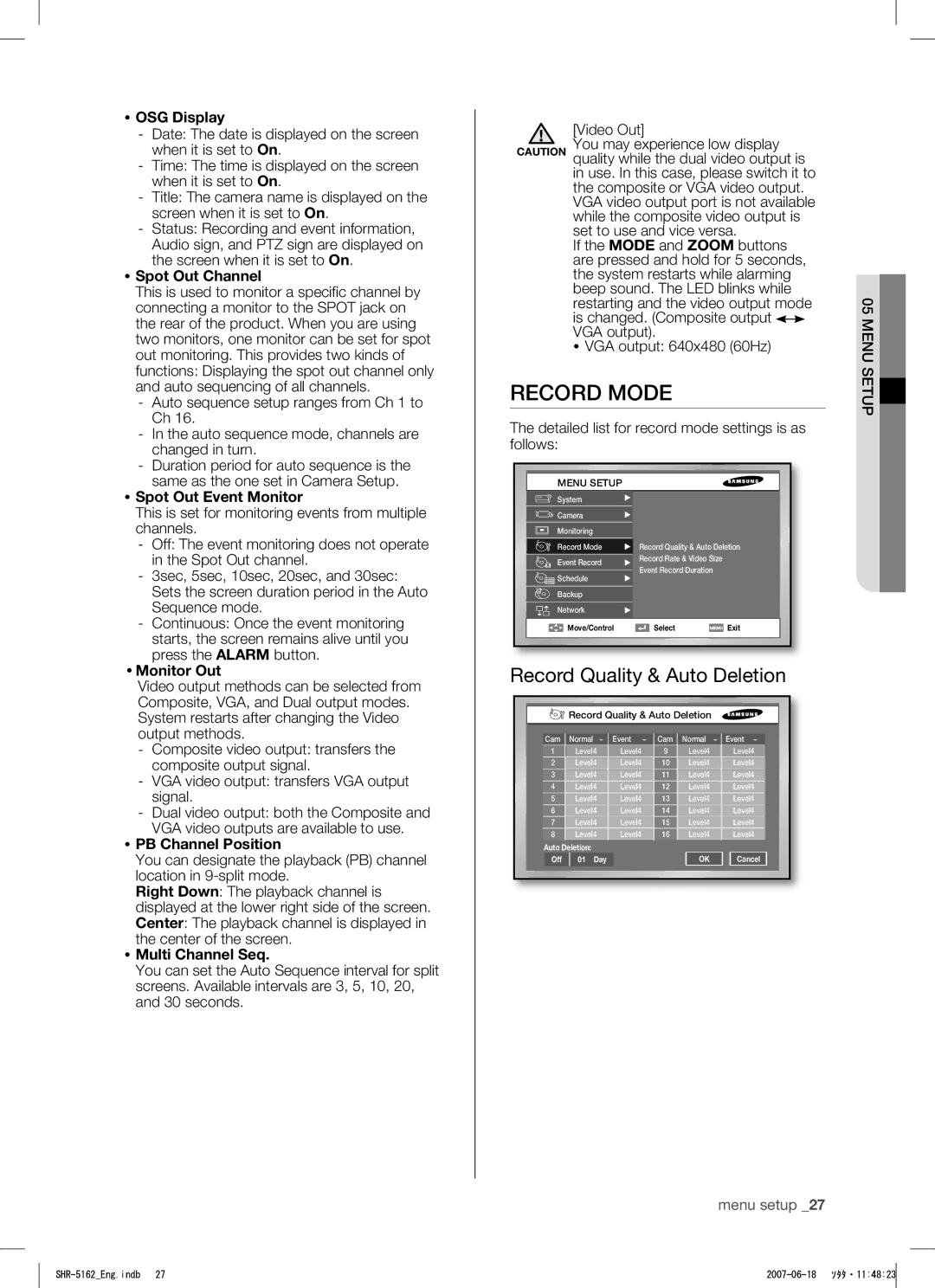 Samsung SHR-5082, SHR-5162 user manual Record Mode, Record Quality & Auto Deletion 