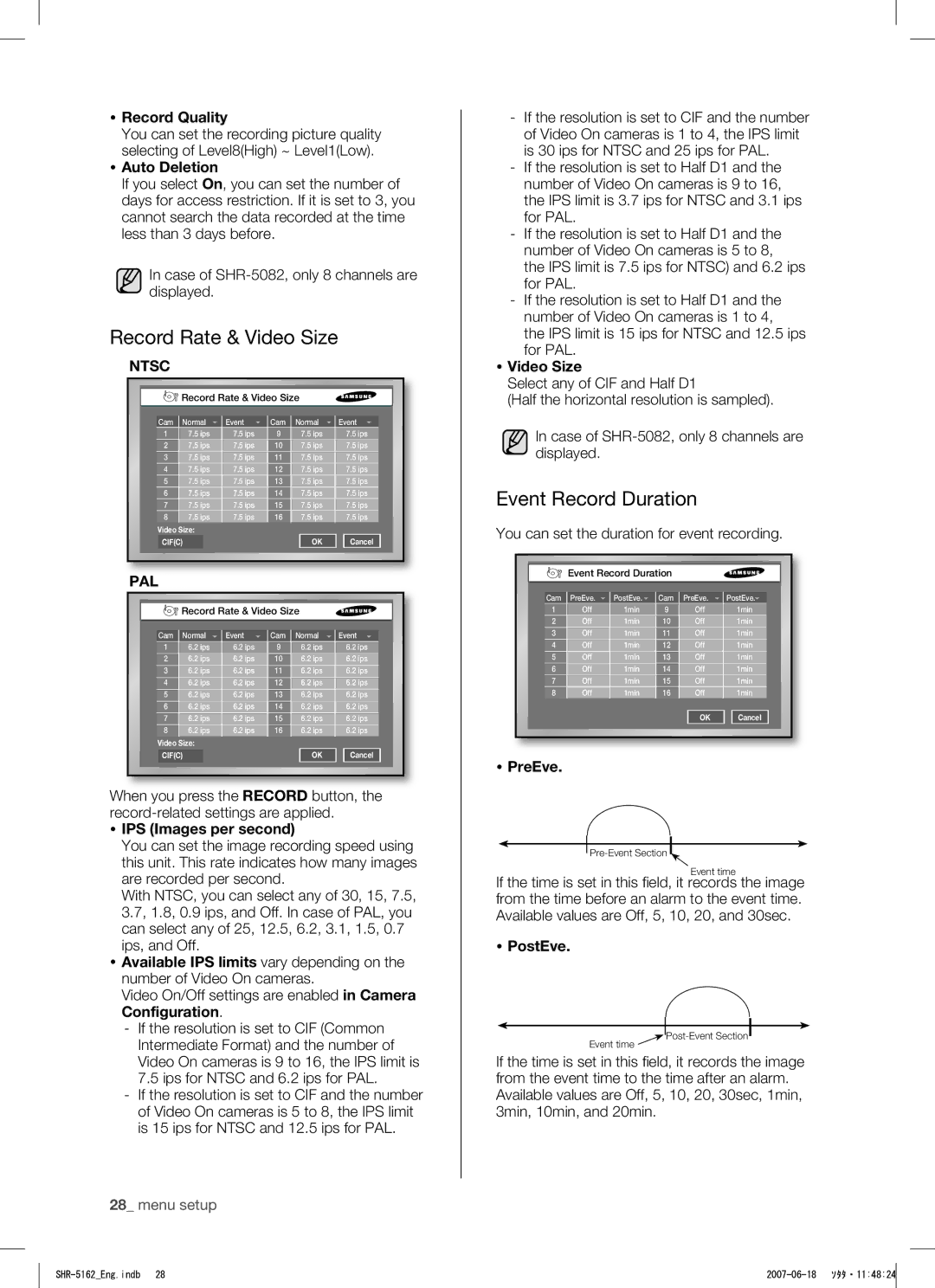 Samsung SHR-5162, SHR-5082 user manual Record Rate & Video Size, Event Record Duration 