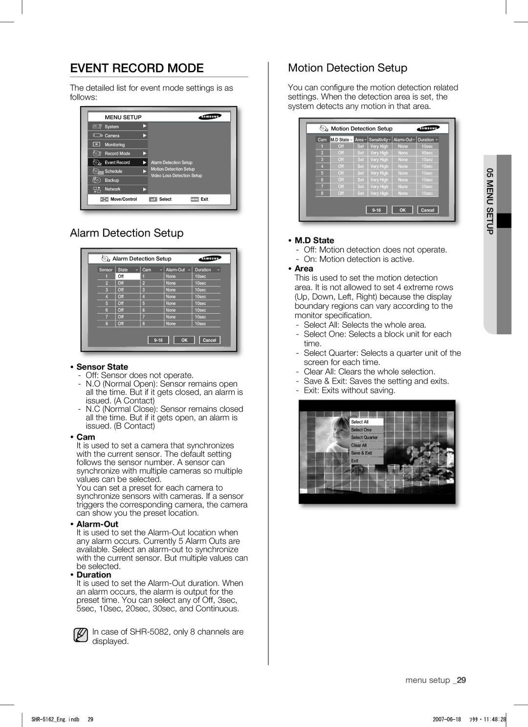 Samsung SHR-5082, SHR-5162 user manual Event Record Mode, Alarm Detection Setup, Motion Detection Setup 