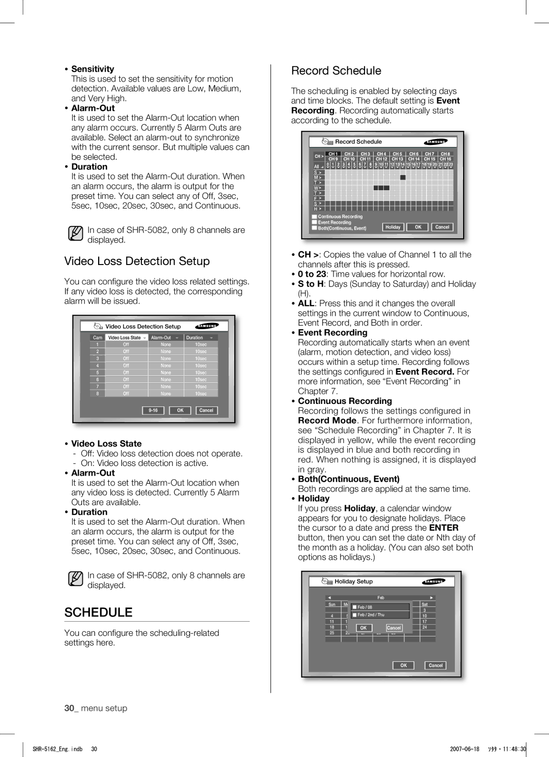 Samsung SHR-5162, SHR-5082 user manual Video Loss Detection Setup, Record Schedule 