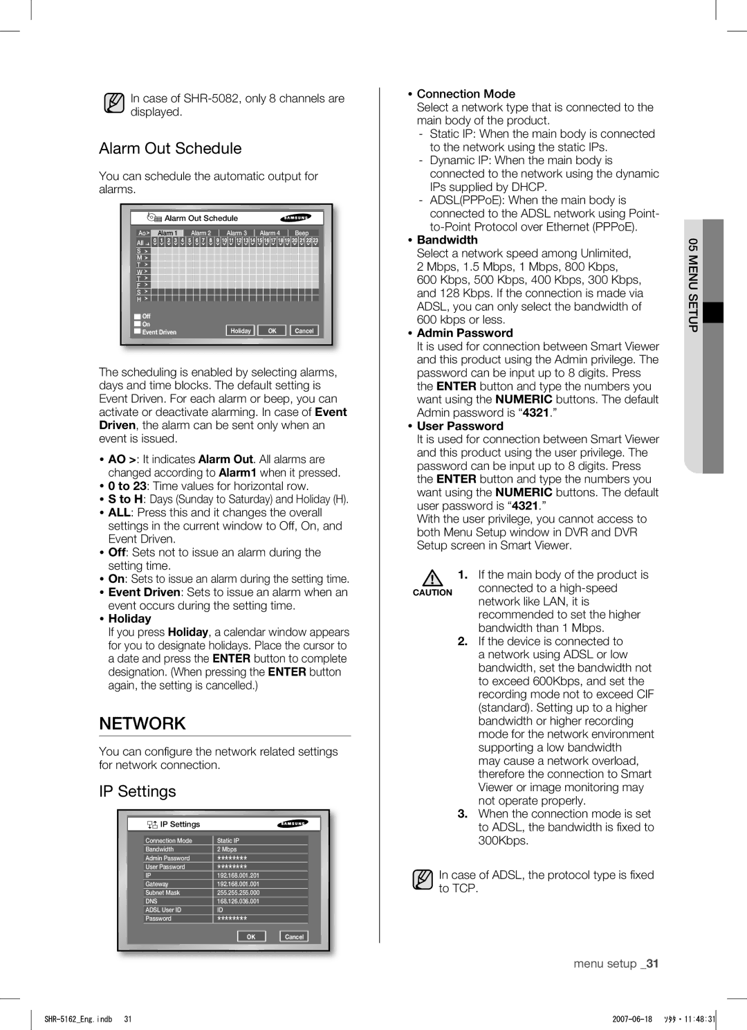 Samsung SHR-5082, SHR-5162 user manual Network, Alarm Out Schedule, IP Settings 