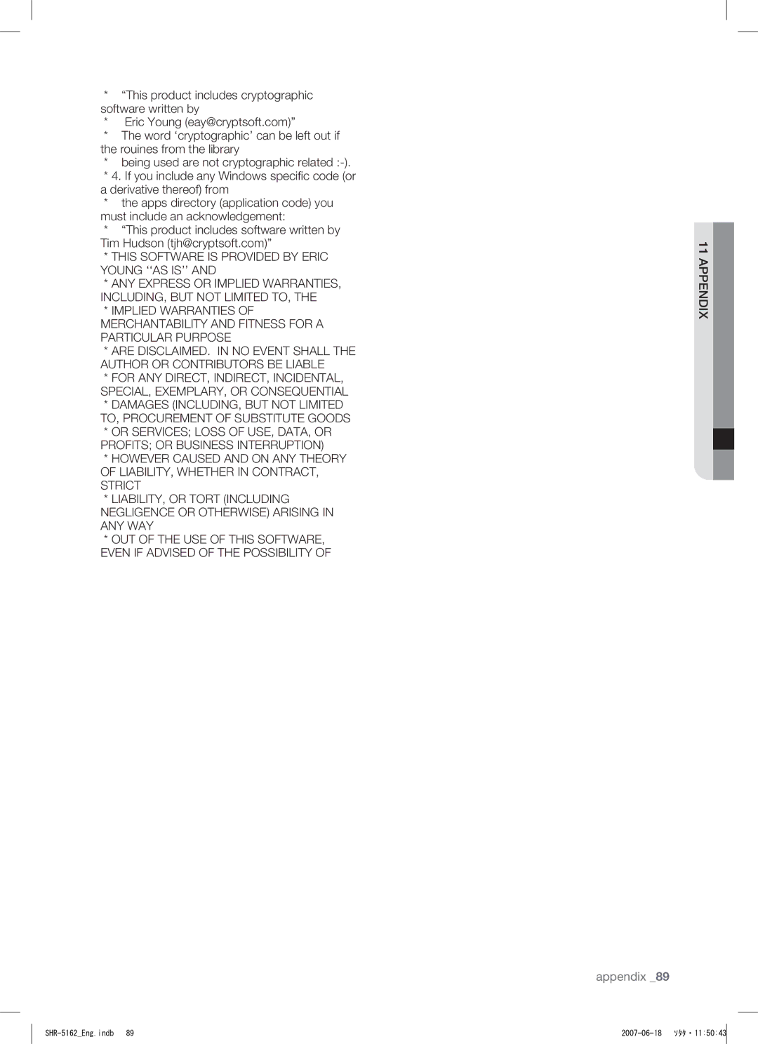 Samsung SHR-5082, SHR-5162 user manual This Software is Provided by Eric Young ‘‘AS IS’’ 