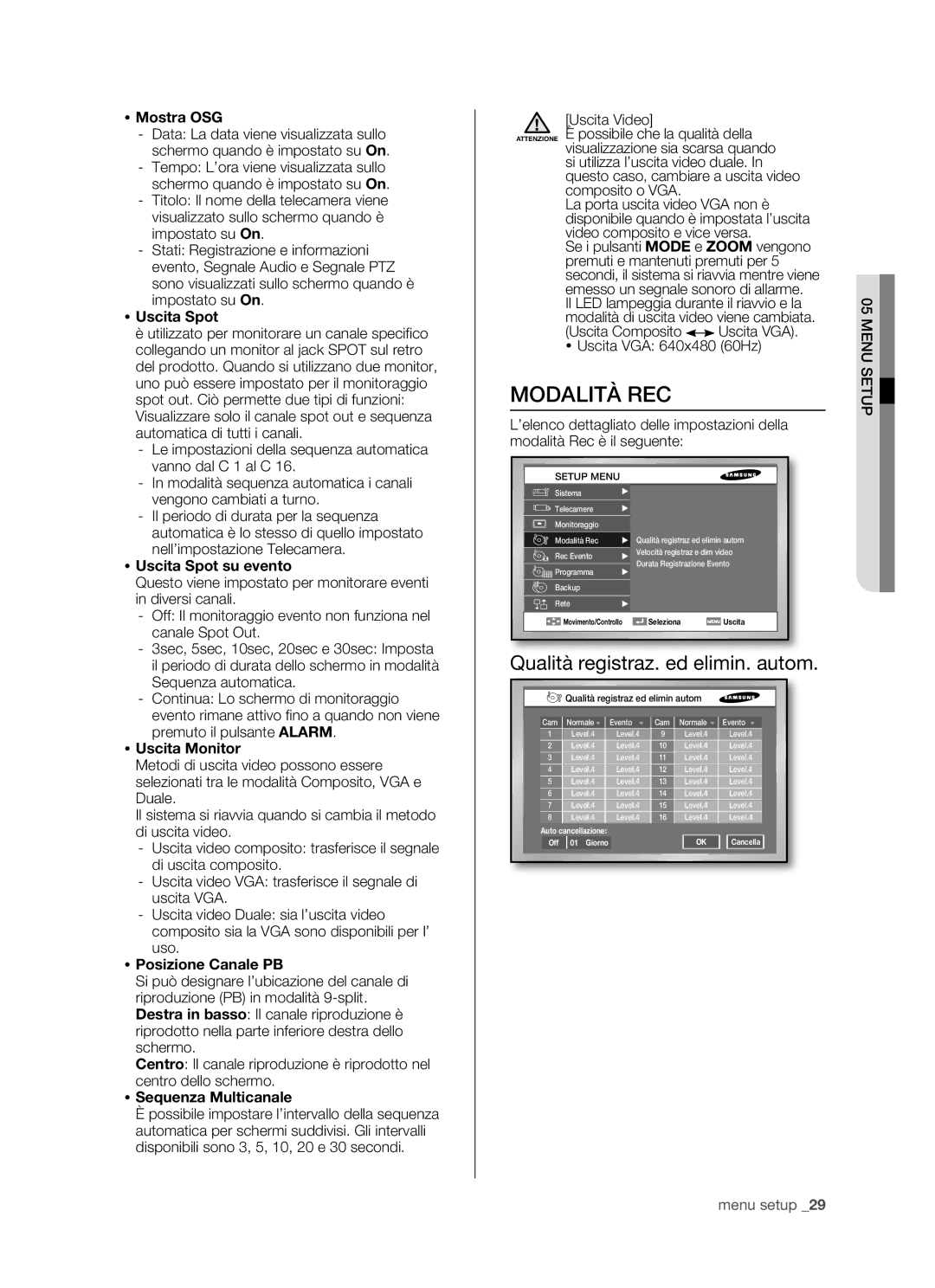 Samsung SHR-5162P/XET, SHR-5082P, SHR-5080P/XET, SHR-5160P/XET manual Modalità REC, Qualità registraz. ed elimin. autom 