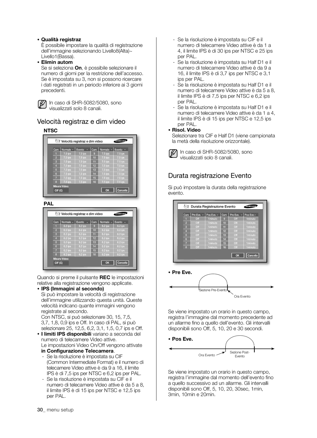 Samsung SHR-5160P/XET, SHR-5162P, SHR-5082P, SHR-5080P/XET manual Velocità registraz e dim video, Durata registrazione Evento 