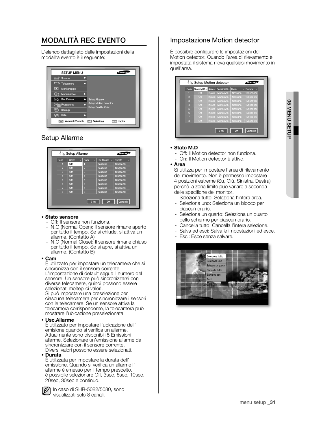 Samsung SHR-5082P/XET, SHR-5162P, SHR-5080P/XET manual Modalità REC Evento, Setup Allarme, Impostazione Motion detector 