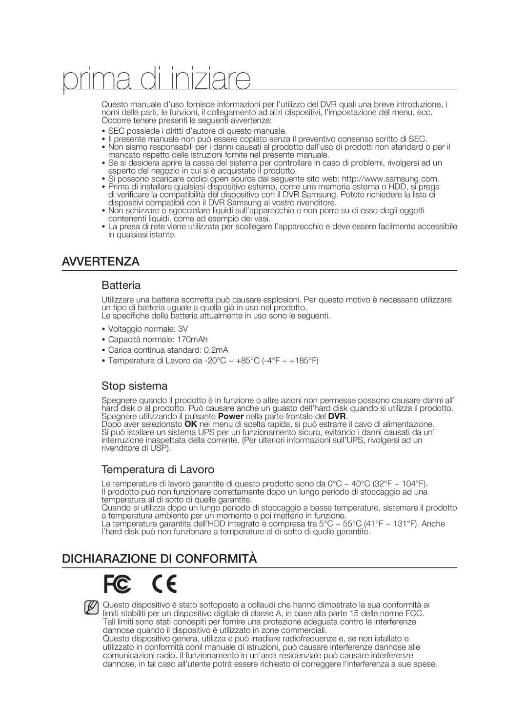 Samsung SHR-5160P/XET, SHR-5162P, SHR-5082P, SHR-5080P/XET manual Prima di iniziare, Avvertenza, Dichiarazione DI Conformità 