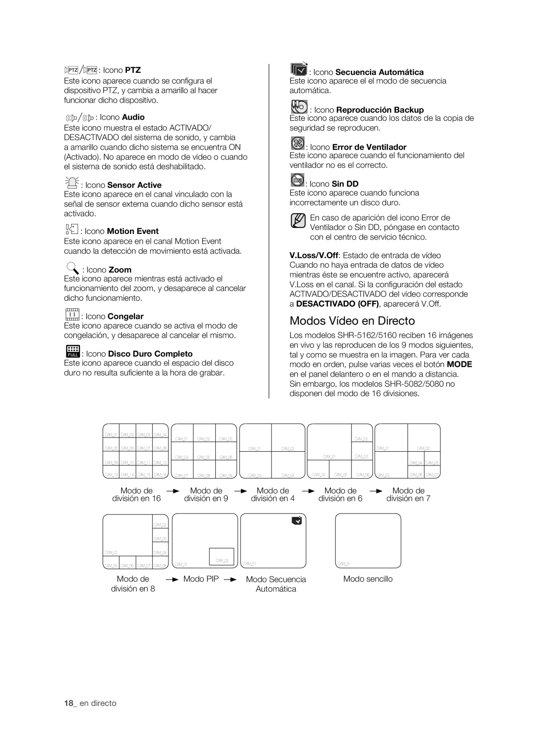 Samsung SHR-5162P/XEC, SHR-5160P/XEC, SHR-5082P/XEC, SHR-5080P/XEC manual Modos Vídeo en Directo 