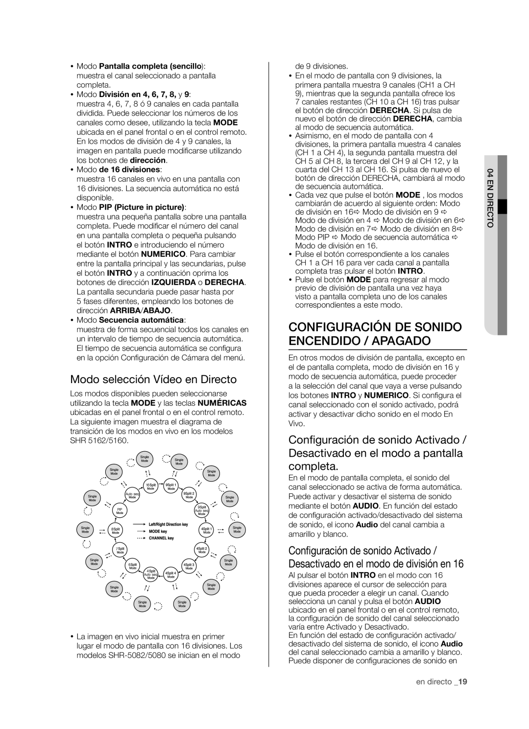 Samsung SHR-5080P/XEC, SHR-5162P, SHR-5082P Configuración DE Sonido Encendido / Apagado, Modo selección Vídeo en Directo 