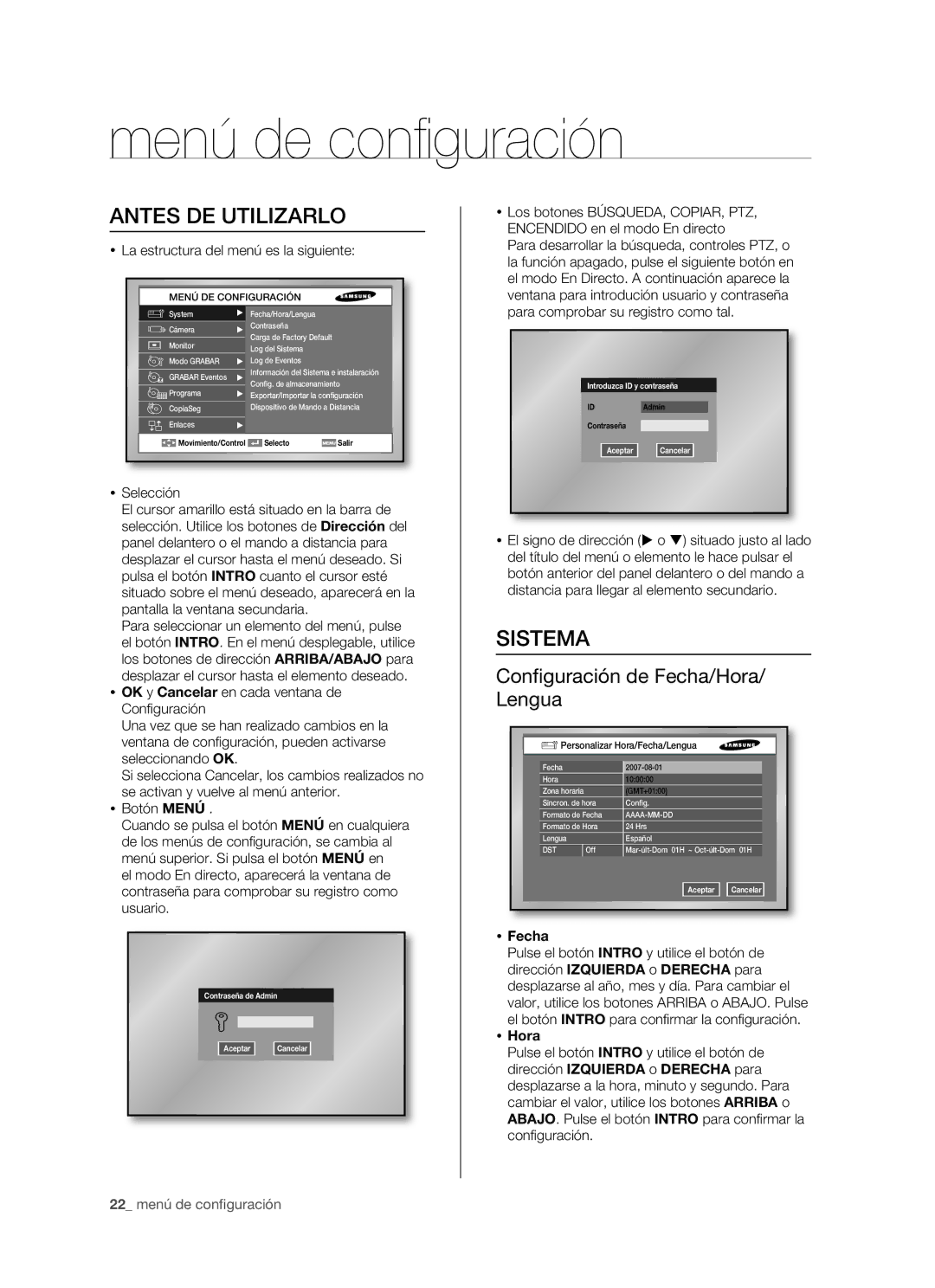 Samsung SHR-5160P/XEC manual Menú de configuración, Antes DE Utilizarlo,  Fecha,  Hora, Personalizar Hora/Fecha/Lengua 