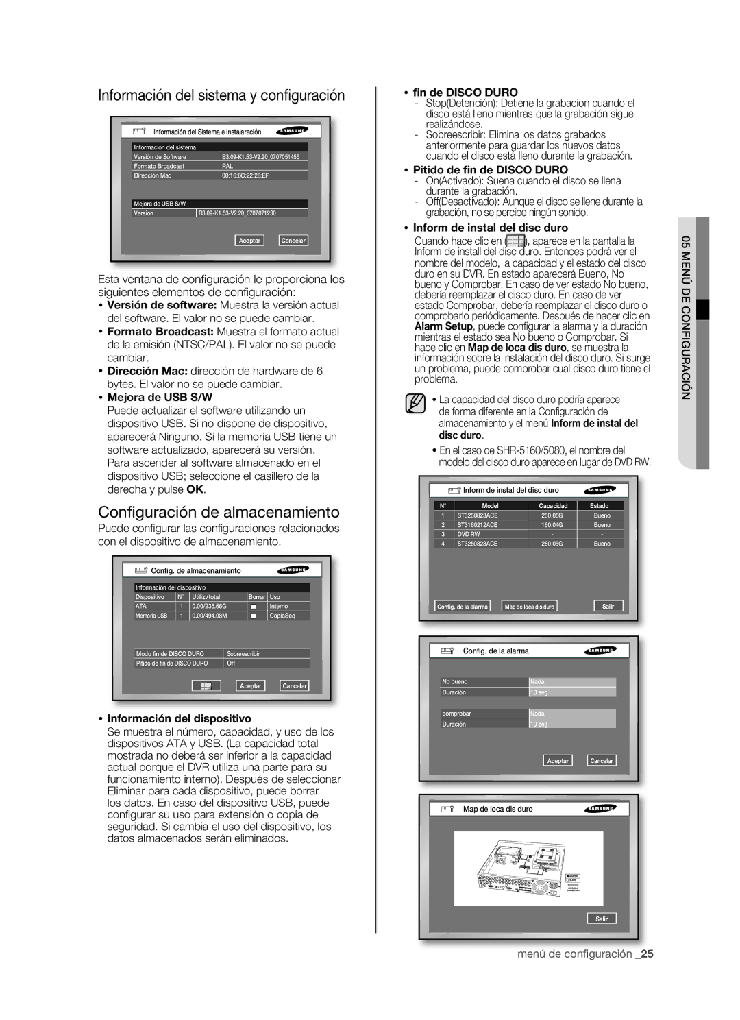 Samsung SHR-5080P/XEC, SHR-5160P/XEC, SHR-5082P/XEC, SHR-5162P/XEC manual Conﬁ guración de almacenamiento 