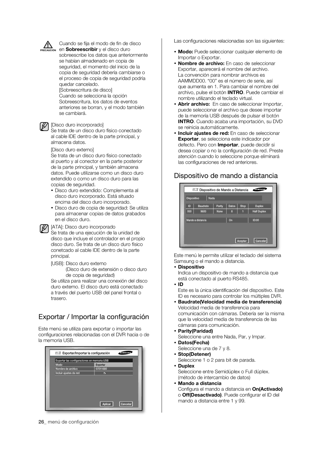 Samsung SHR-5162P, SHR-5082P, SHR-5160P/XEC manual Exportar / Importar la conﬁ guración, Dispositivo de mando a distancia 