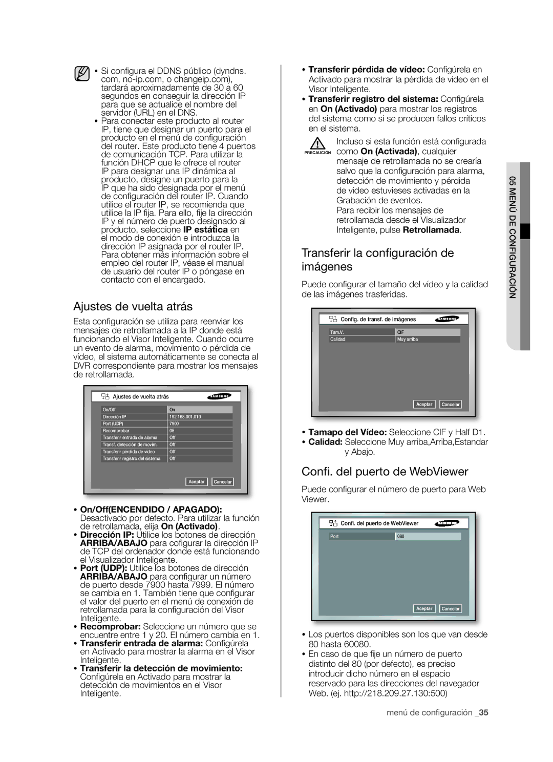 Samsung SHR-5082P/XEC Ajustes de vuelta atrás, Transferir la conﬁ guración de imágenes, Conﬁ . del puerto de WebViewer 