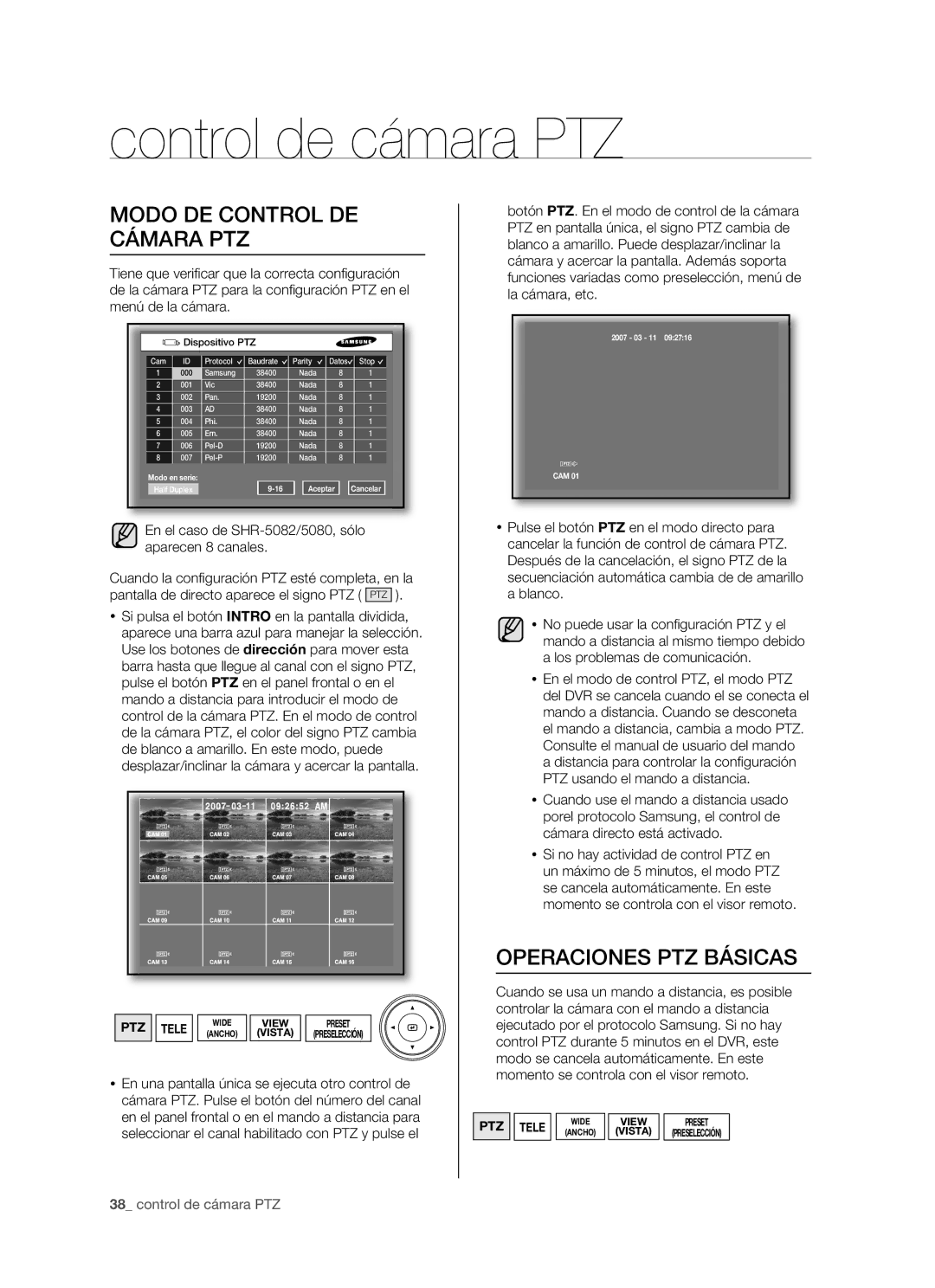 Samsung SHR-5162P, SHR-5082P, SHR-5160P/XEC Control de cámara PTZ, Modo DE Control DE Cámara PTZ, Operaciones PTZ Básicas 