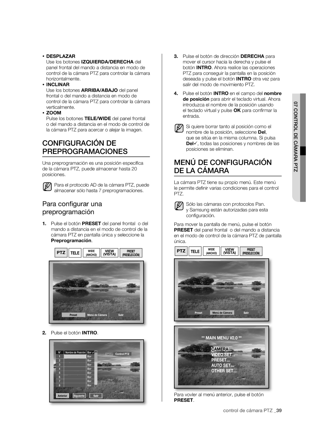 Samsung SHR-5082P, SHR-5162P, SHR-5160P/XEC manual Configuración DE Preprogramaciones, Menú DE Configuración DE LA Cámara 