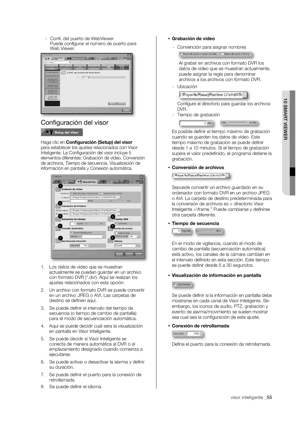 Samsung SHR-5080P/XEC, SHR-5160P/XEC, SHR-5082P/XEC, SHR-5162P/XEC manual Conﬁ guración del visor 