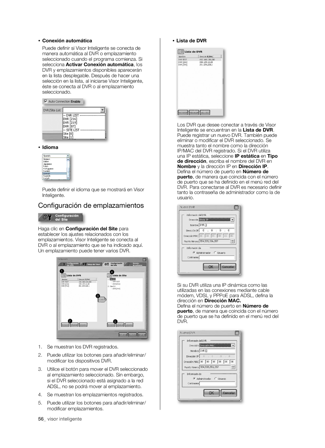 Samsung SHR-5162P, SHR-5082P manual Conﬁ guración de emplazamientos,  Conexión automática,  Idioma,  Lista de DVR 