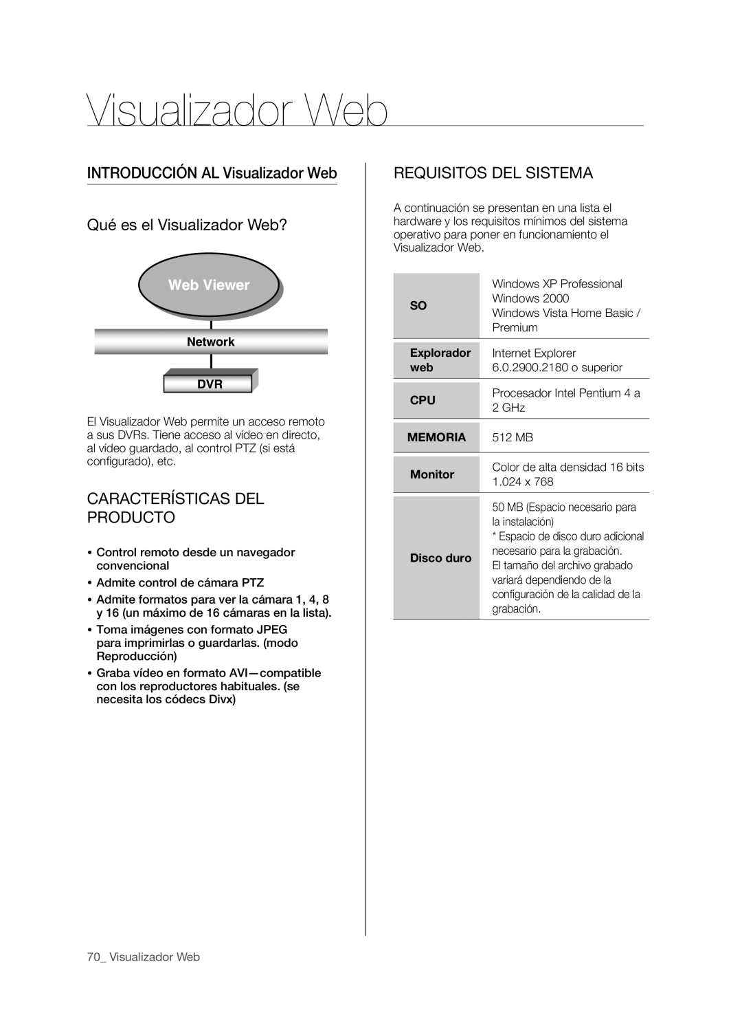 Samsung SHR-5160P/XEC, SHR-5162P, SHR-5082P manual Visualizador Web, Características DEL Producto, Requisitos DEL Sistema 