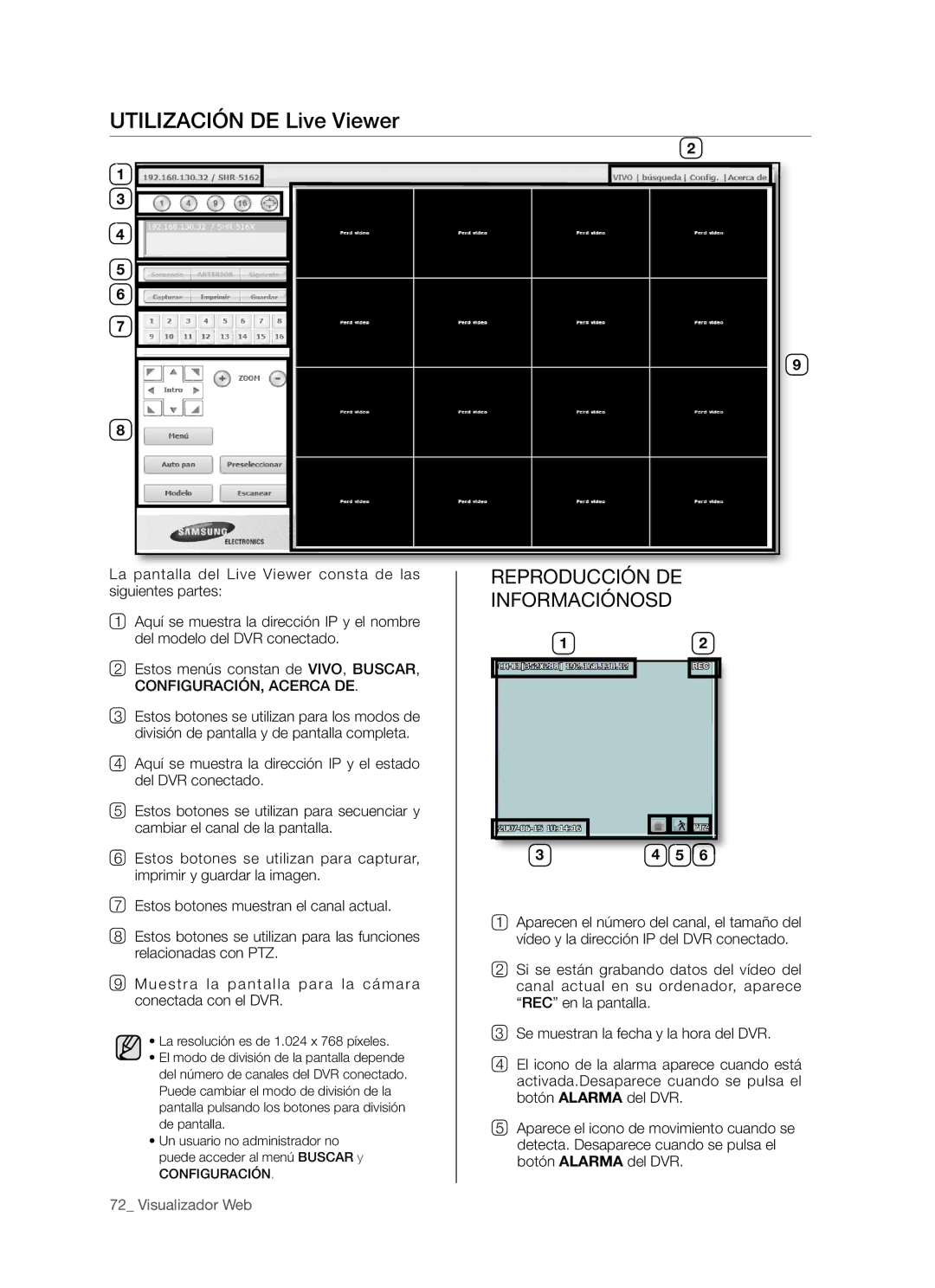 Samsung SHR-5162P/XEC, SHR-5160P/XEC, SHR-5082P/XEC manual Utilización DE Live Viewer, Reproducción DE Informaciónosd 