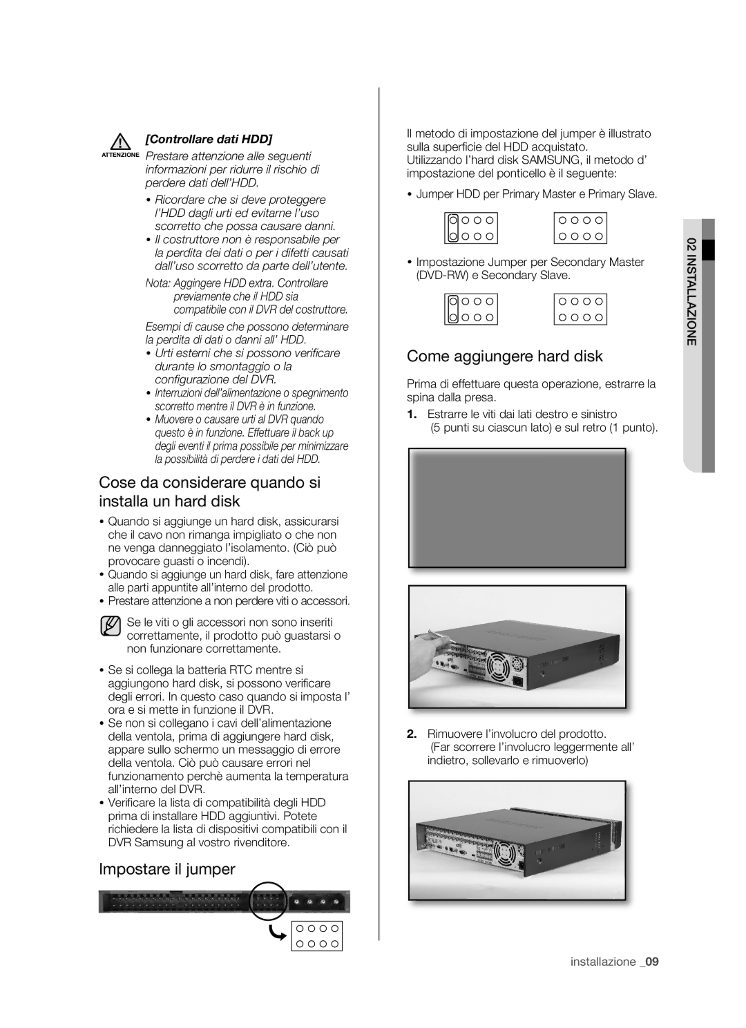 Samsung SHR-5082P Cose da considerare quando si installa un hard disk, Impostare il jumper, Come aggiungere hard disk 