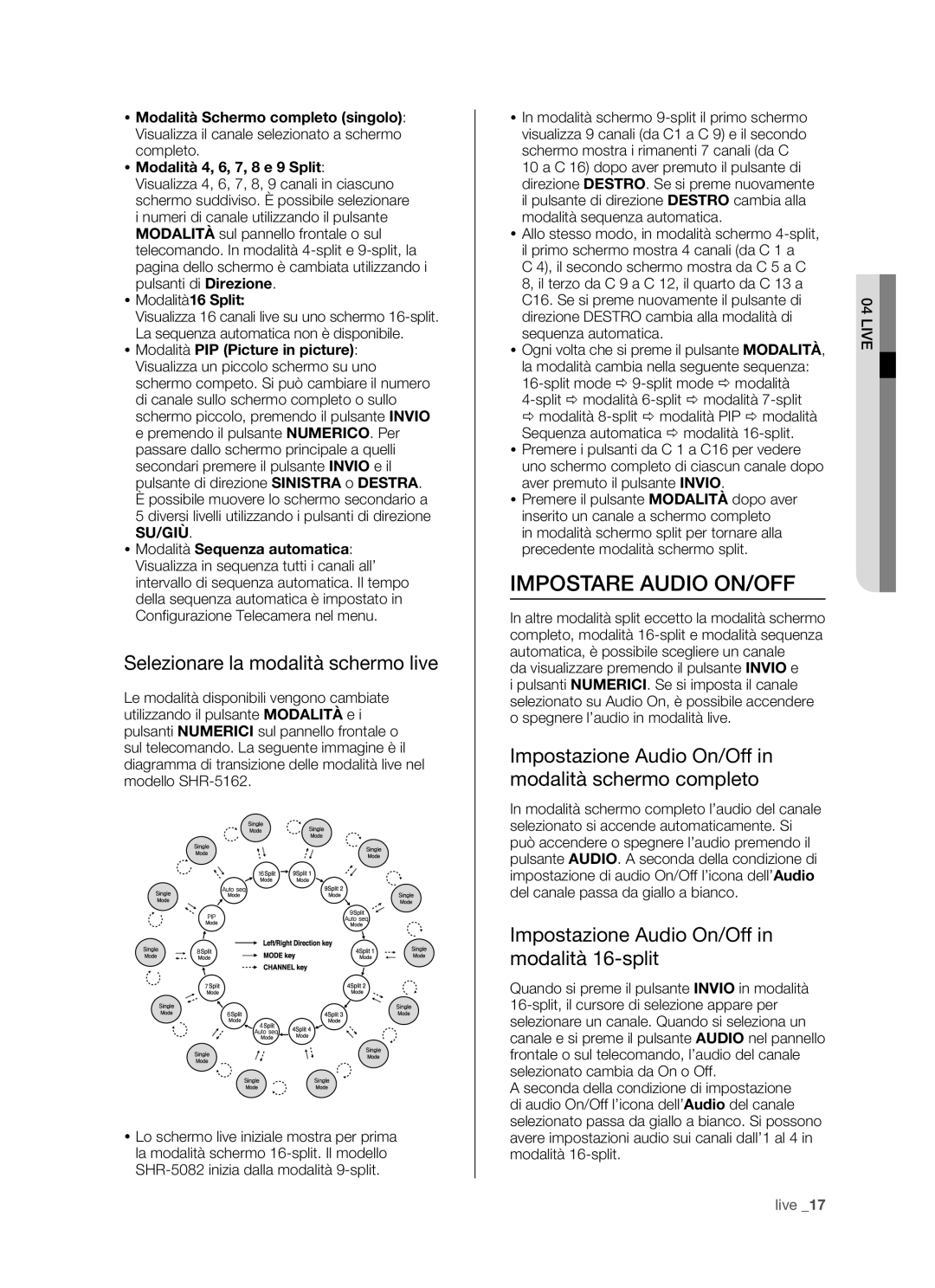 Samsung SHR-5162P/XET, SHR-5082P/XET manual Impostare Audio ON/OFF, Selezionare la modalità schermo live 