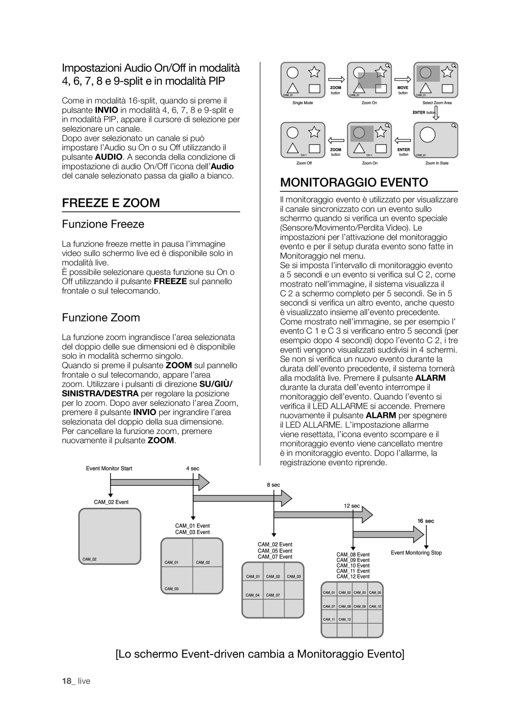 Samsung SHR-5162P/XET, SHR-5082P/XET manual Freeze E Zoom, Monitoraggio Evento, Funzione Freeze, Funzione Zoom 