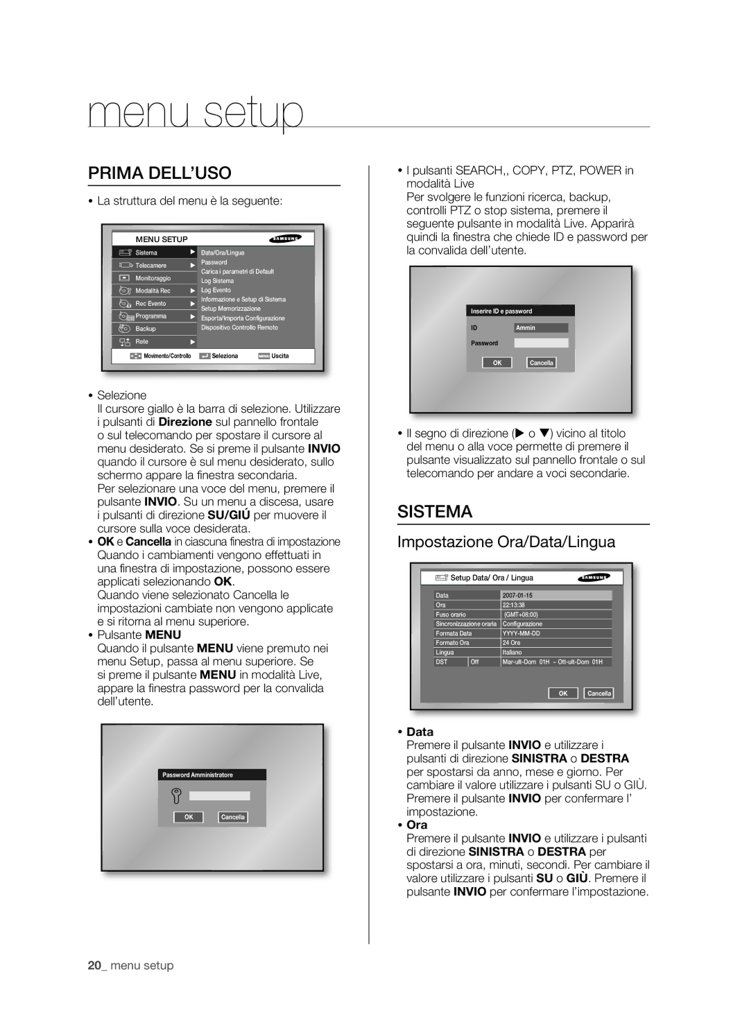 Samsung SHR-5162P/XET, SHR-5082P/XET manual Menu setup, Prima DELL’USO, Sistema, Impostazione Ora/Data/Lingua 