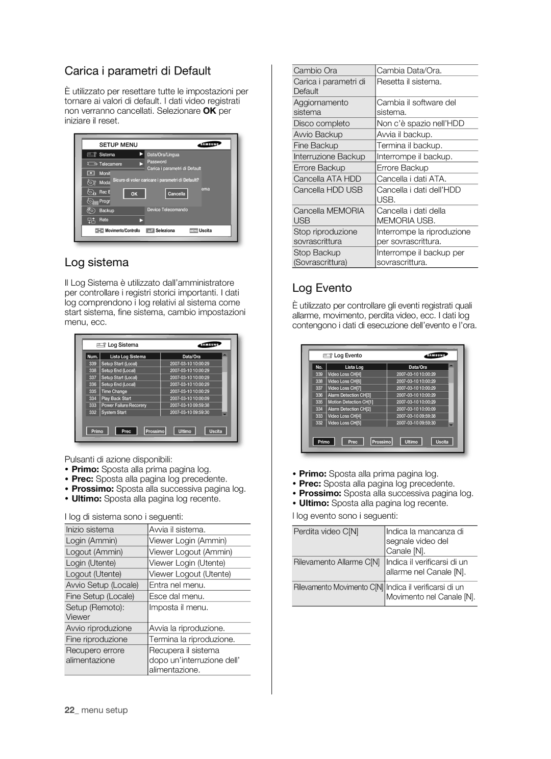 Samsung SHR-5162P/XET, SHR-5082P/XET manual Carica i parametri di Default, Log sistema, Log Evento, Log Sistema 