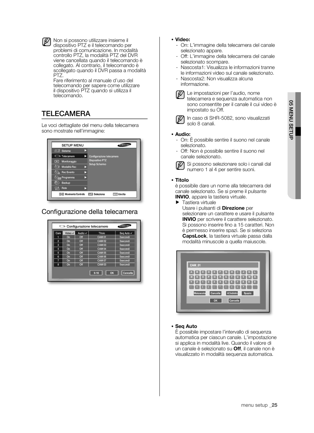 Samsung SHR-5162P/XET, SHR-5082P/XET manual Telecamera, Configurazione della telecamera 