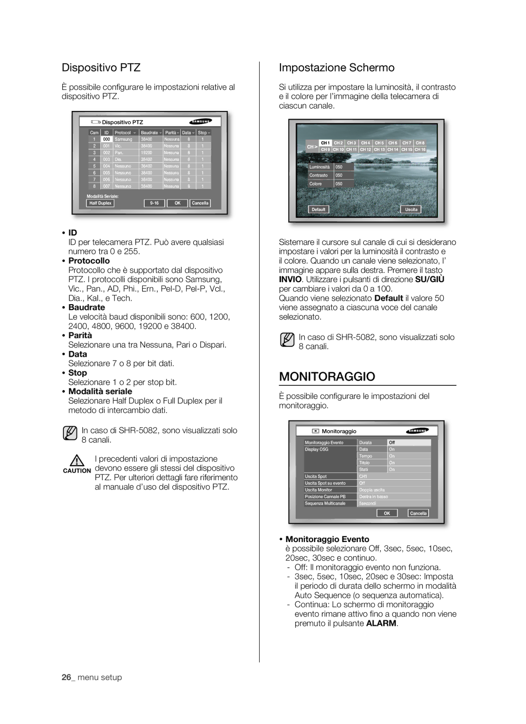 Samsung SHR-5162P/XET, SHR-5082P/XET manual Monitoraggio, Dispositivo PTZ, Impostazione Schermo 