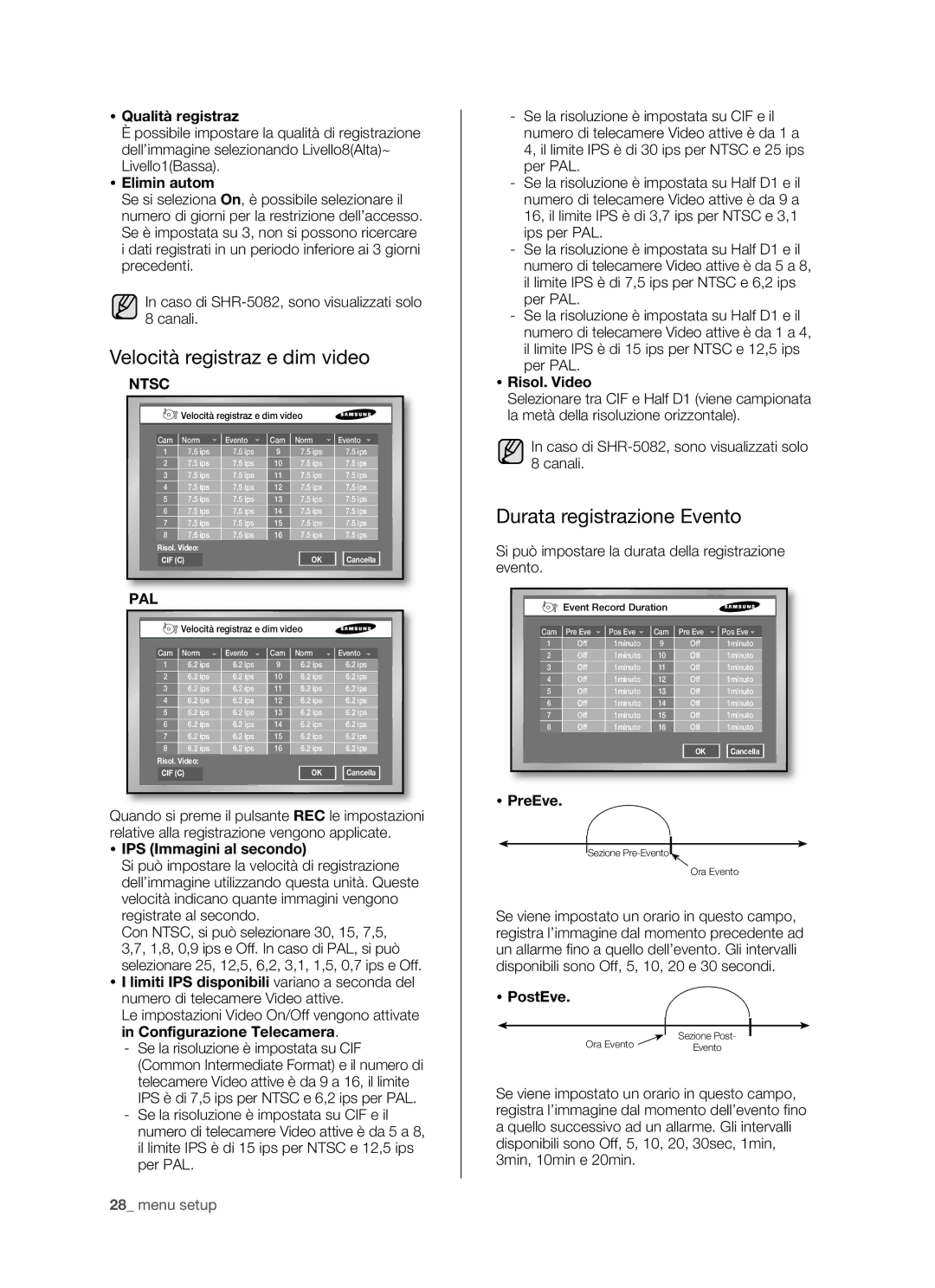 Samsung SHR-5162P/XET, SHR-5082P/XET manual Velocità registraz e dim video, Durata registrazione Evento 