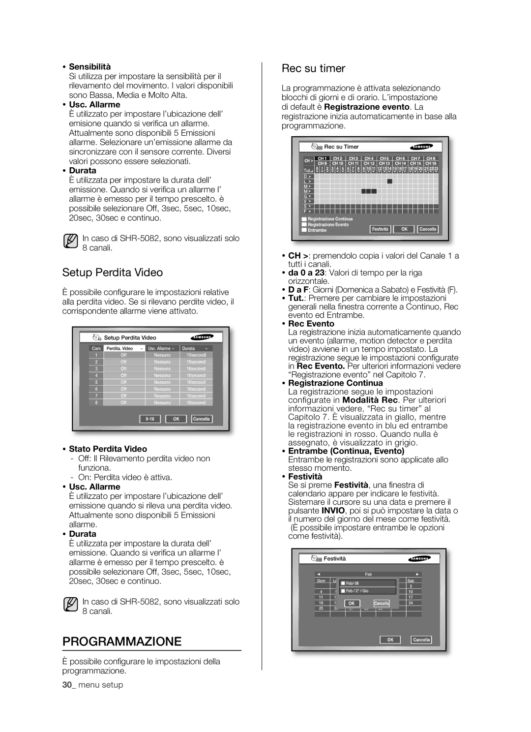 Samsung SHR-5162P/XET, SHR-5082P/XET manual Programmazione, Setup Perdita Video, Rec su timer 