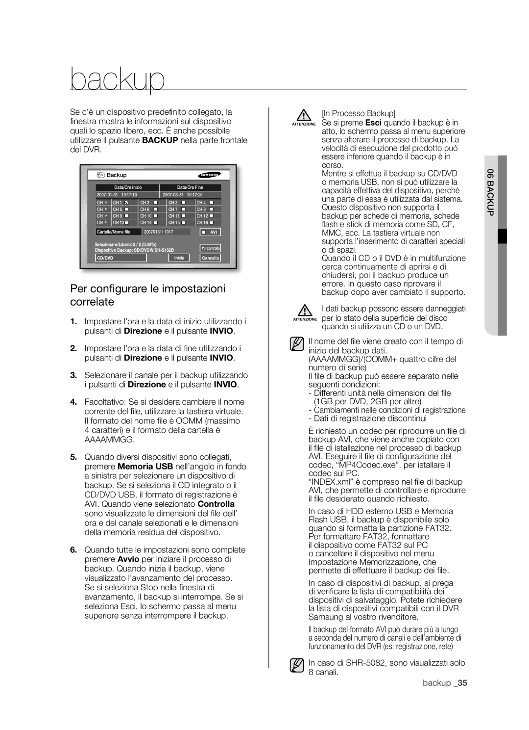 Samsung SHR-5082P/XET, SHR-5162P manual Backup, Per configurare le impostazioni correlate, Dati di registrazione discontinui 