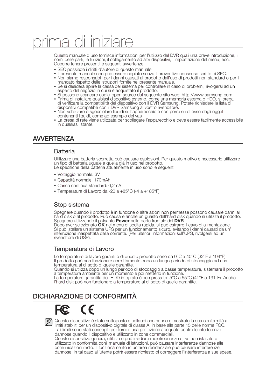 Samsung SHR-5162P/XET, SHR-5082P/XET manual Prima di iniziare, Avvertenza, Dichiarazione DI Conformità 