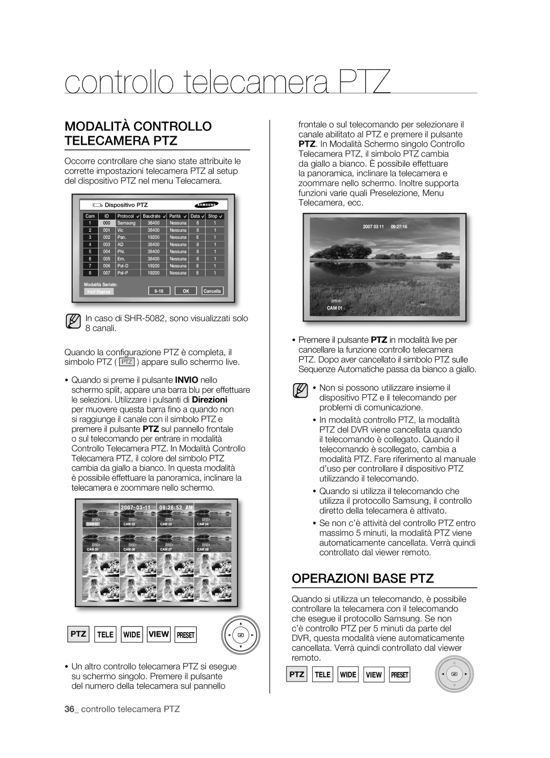 Samsung SHR-5162P, SHR-5082P manual Controllo telecamera PTZ, Modalità Controllo Telecamera PTZ, Operazioni Base PTZ 