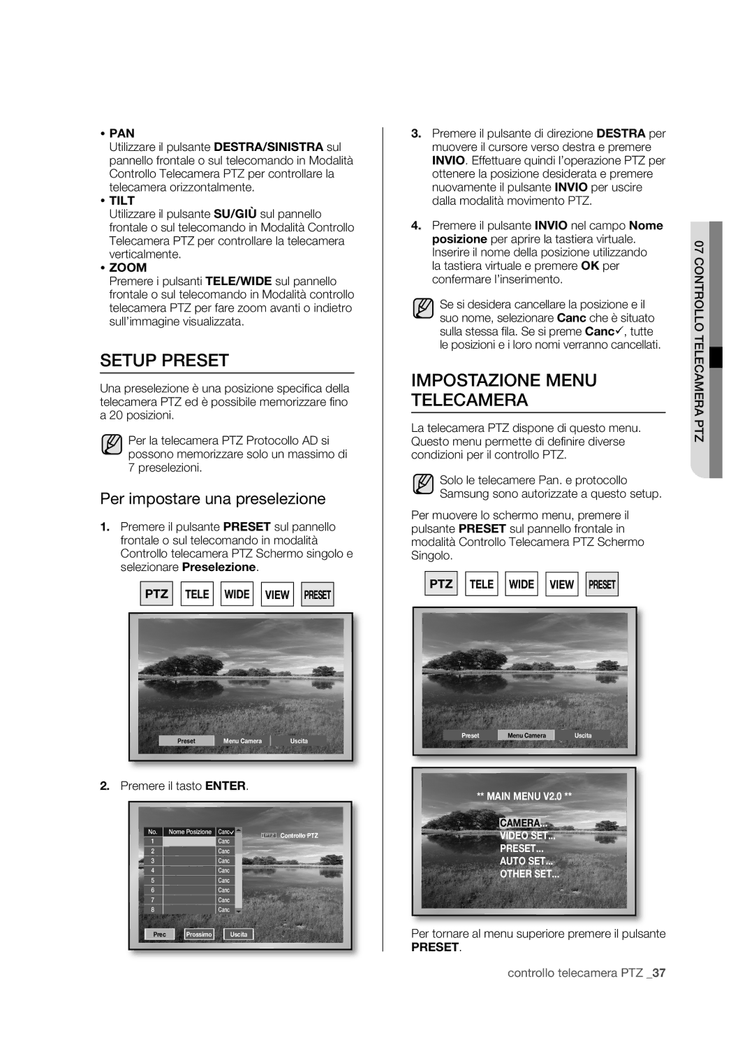 Samsung SHR-5082P manual Setup Preset, Impostazione Menu Telecamera, Per impostare una preselezione, Premere il tasto Enter 