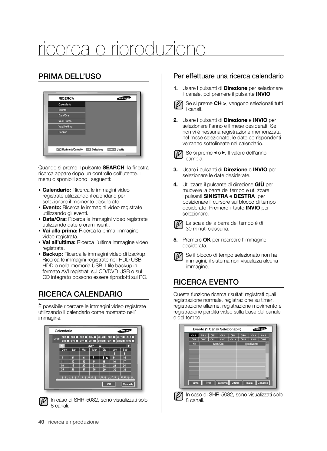 Samsung SHR-5162P manual Ricerca e riproduzione, Ricerca Calendario, Ricerca Evento, Per effettuare una ricerca calendario 