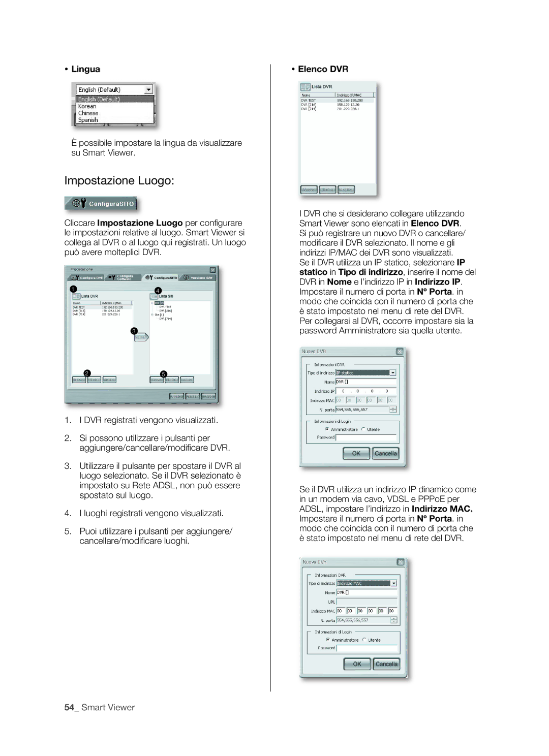 Samsung SHR-5162P/XET, SHR-5082P/XET manual Impostazione Luogo,  Elenco DVR 