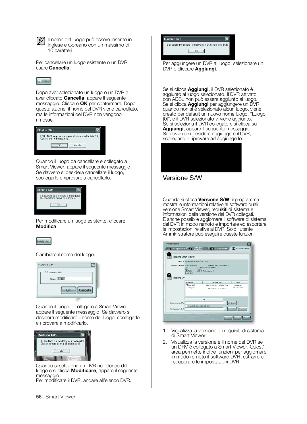 Samsung SHR-5162P/XET, SHR-5082P/XET manual Versione S/W, Per modificare un luogo esistente, cliccare, Modifica 