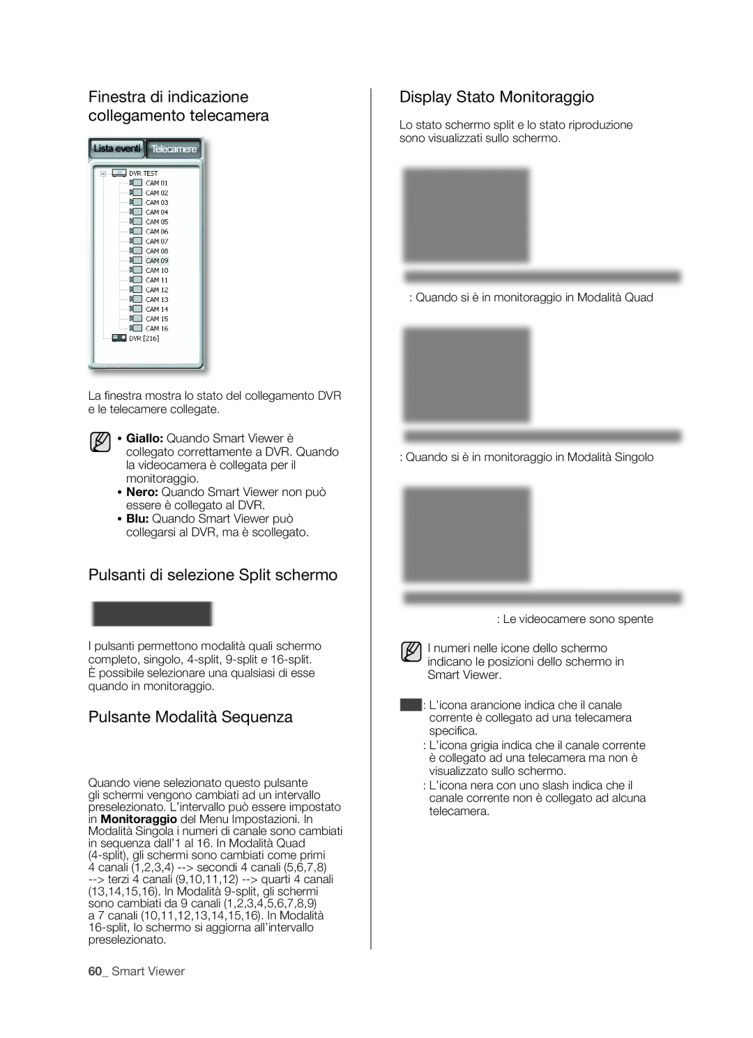 Samsung SHR-5162P, SHR-5082P manual Finestra di indicazione collegamento telecamera, Pulsanti di selezione Split schermo 