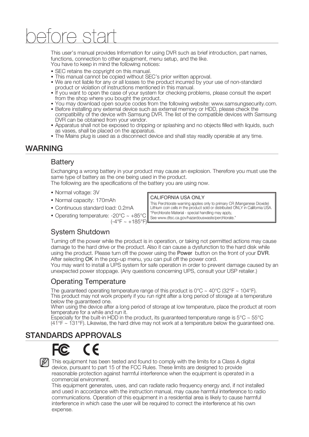 Samsung SHR-5082P/TRK, SHR-5082P/XEF, SHR-5162P/XEF, SHR-5082N, SHR-5162P/TRK, SHR-5162N manual Before start 