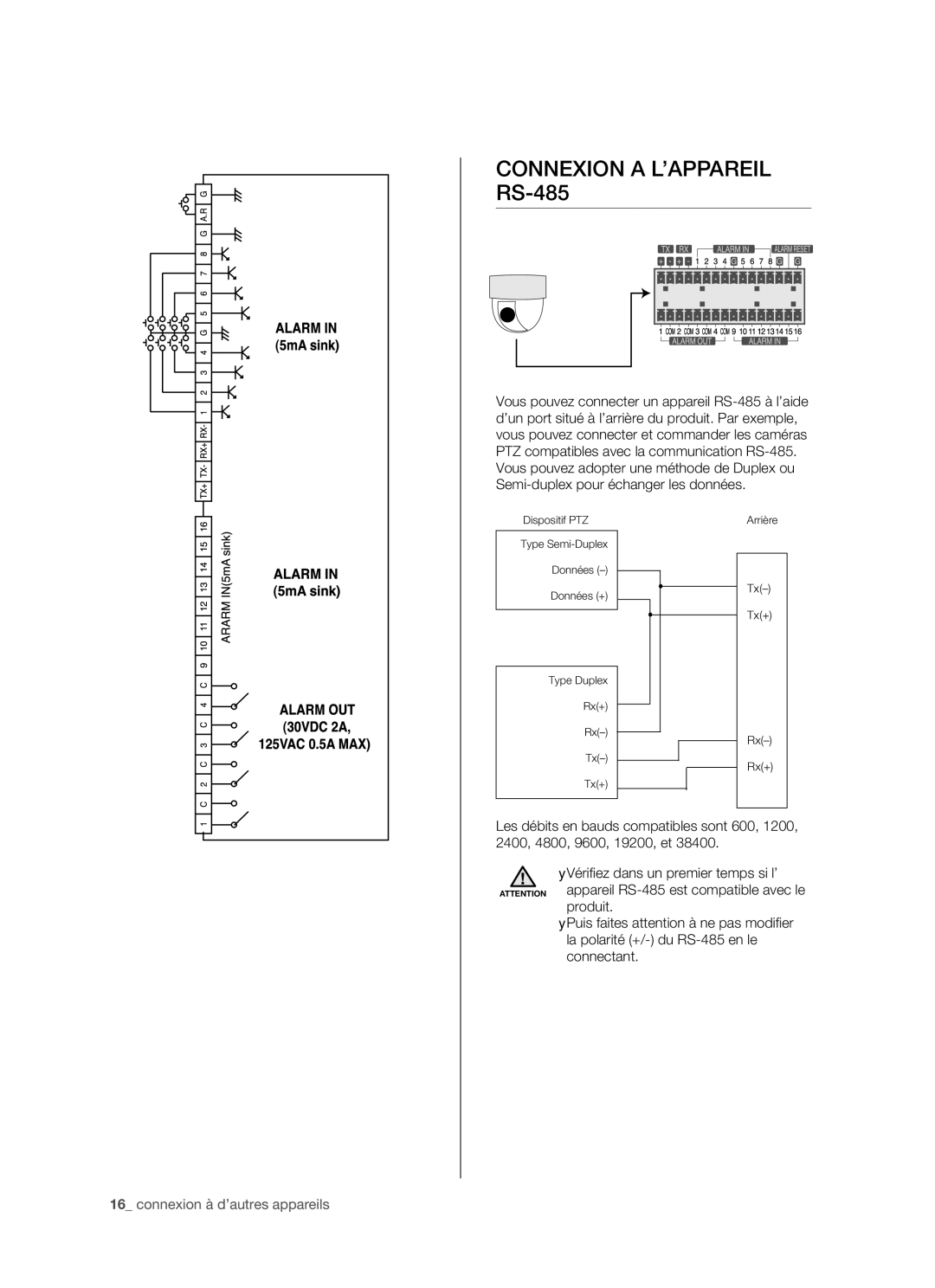 Samsung SHR-5082P/XEF, SHR-5162P/XEF manual Connexion a L’APPAREIL RS-485 