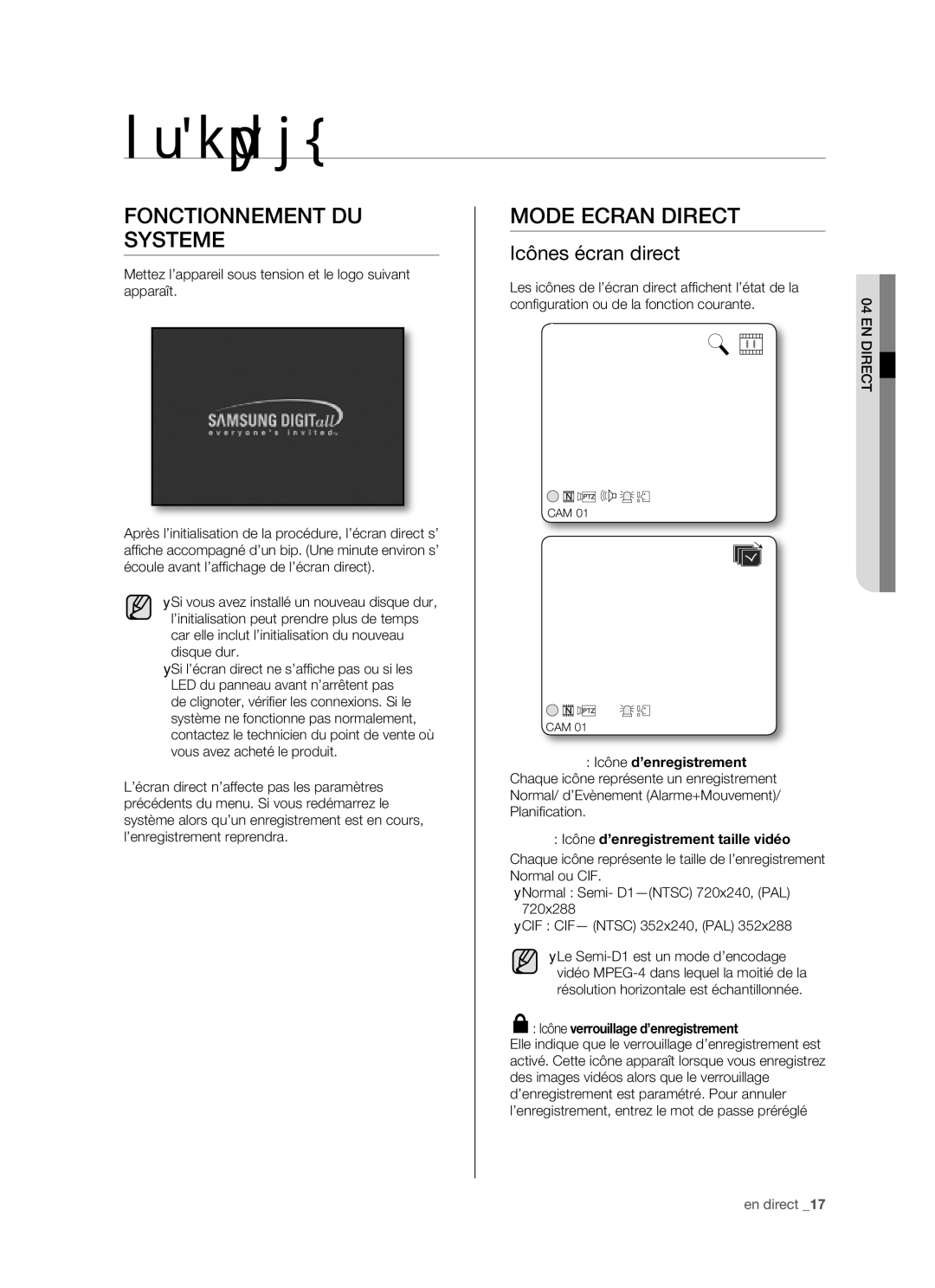 Samsung SHR-5082P/XEF, SHR-5162P manual En direct, Fonctionnement DU Systeme, Mode Ecran Direct, Icônes écran direct 