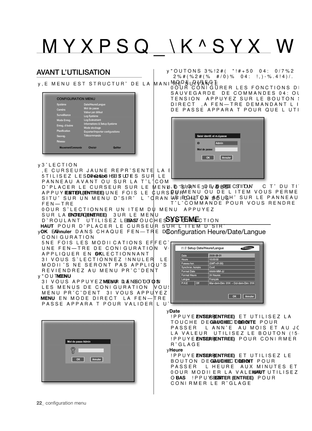 Samsung SHR-5082P Configuration menu, Avant L’UTILISATION,  Le menu est structuré de la manière suivante,  Date,  Heure 