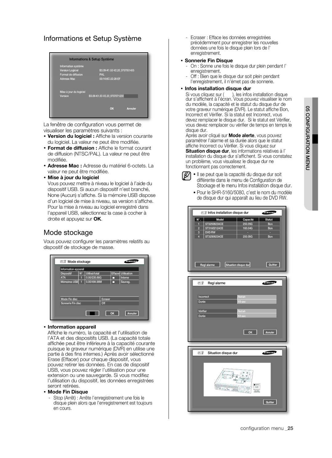 Samsung SHR-5082P/XEF, SHR-5162P/XEF manual Informations et Setup Système, Mode stockage 