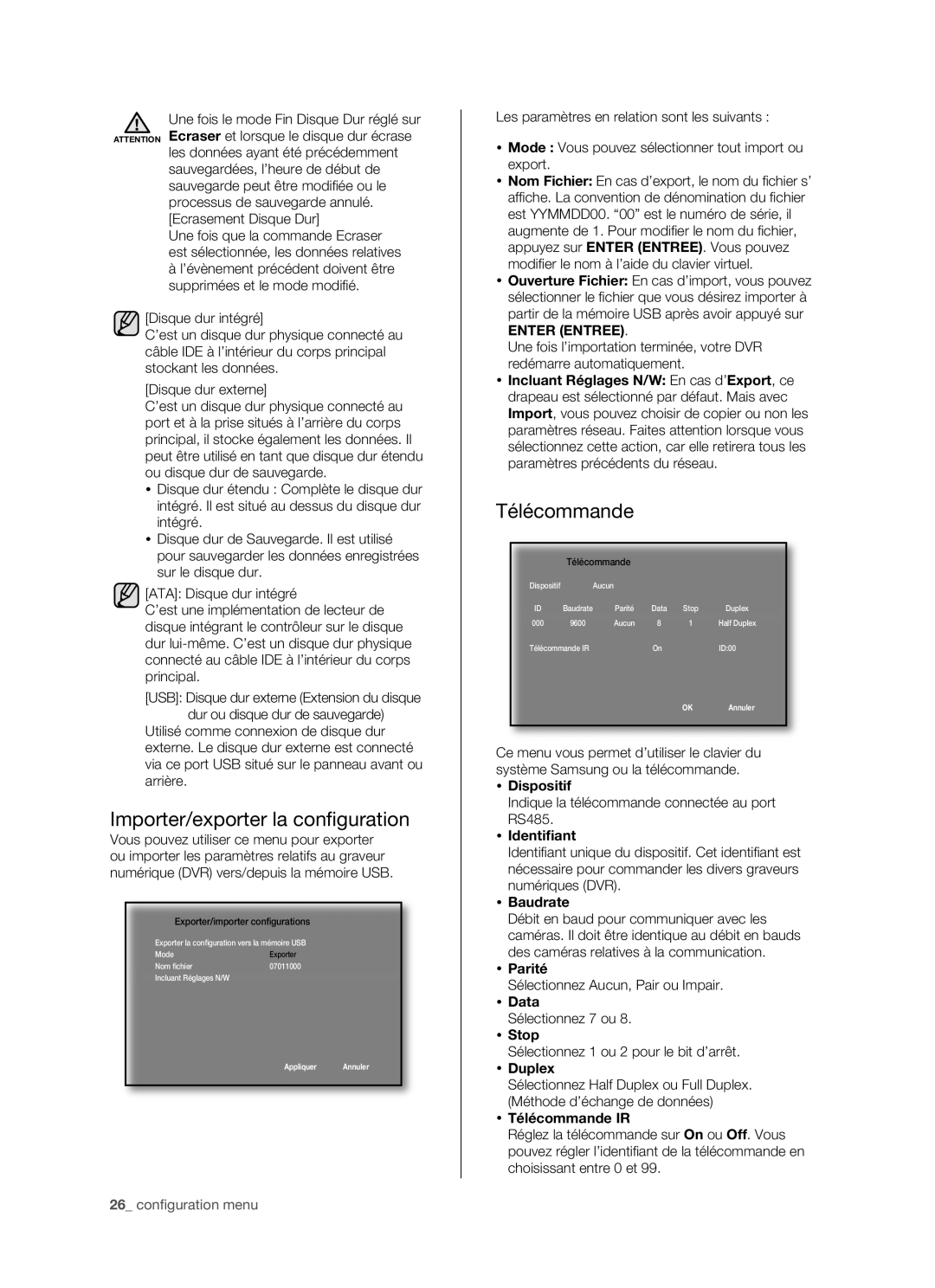 Samsung SHR-5082P/XEF, SHR-5162P/XEF manual Importer/exporter la conﬁ guration 