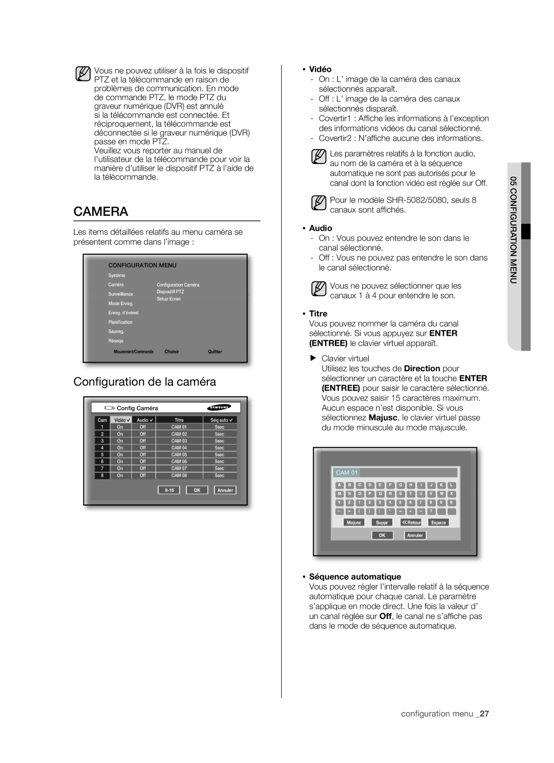 Samsung SHR-5162P/XEF, SHR-5082P/XEF manual Camera, Conﬁ guration de la caméra 