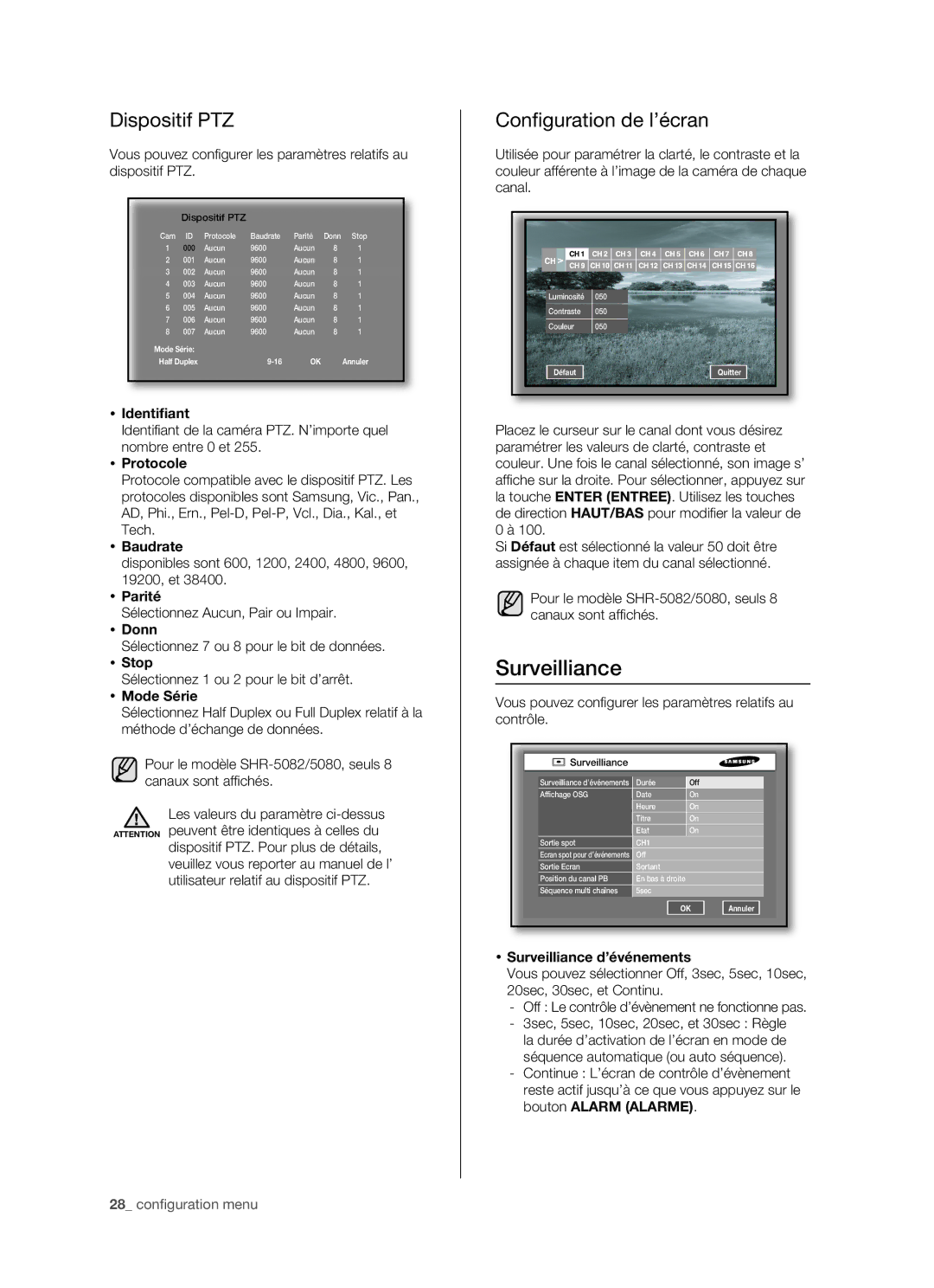 Samsung SHR-5082P/XEF, SHR-5162P/XEF manual Dispositif PTZ, Conﬁ guration de l’écran 