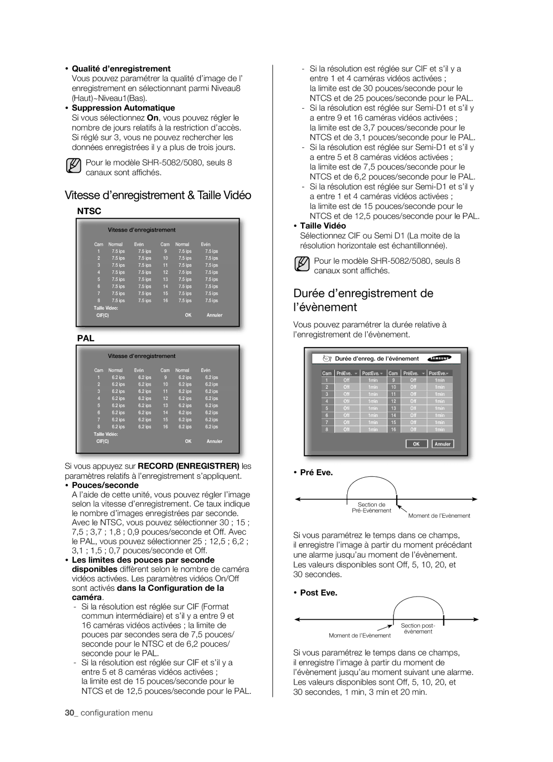 Samsung SHR-5082P/XEF, SHR-5162P/XEF manual Durée d’enregistrement de l’évènement 