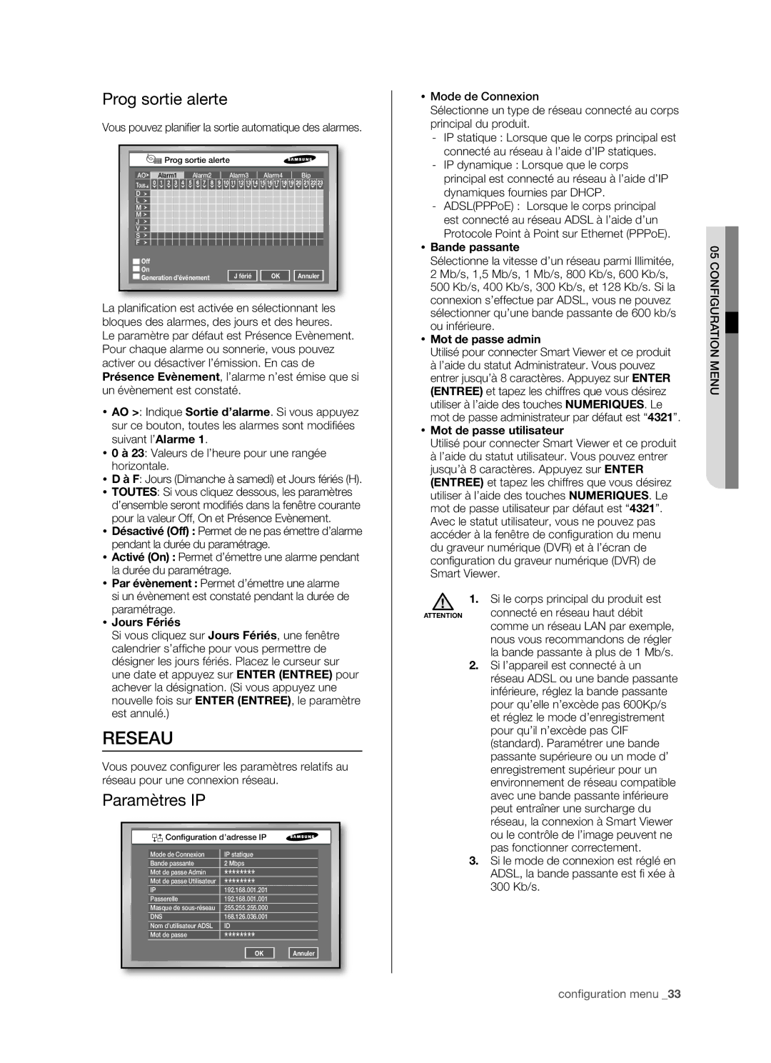 Samsung SHR-5082P/XEF, SHR-5162P/XEF manual Reseau, Prog sortie alerte, Paramètres IP 